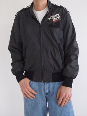 VTG Astro Black Spellout Minute Maid Orange Soda Bomber Jacket Toronto Canada L